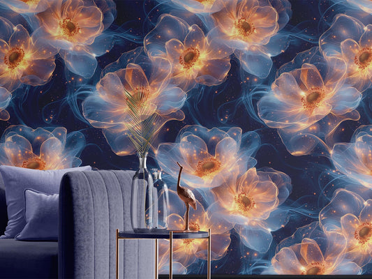 Glowing Floral Galaxy Renter Floral Wallpaper Pattern – peel and stick wallpaper mural, Golden Era Walls