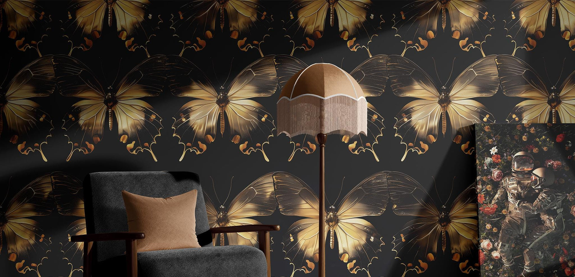 Gold Butterfly Renter Friendly Wallpaper Pattern – peel and stick wallpaper mural, Golden Era Walls