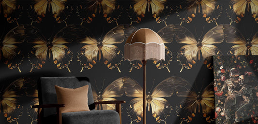 Gold Butterfly Renter Friendly Wallpaper Pattern – peel and stick wallpaper mural, Golden Era Walls