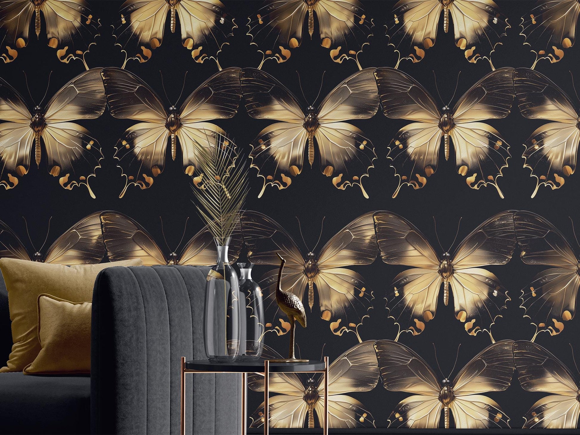 Gold Butterfly Renter Friendly Wallpaper Pattern – lifestyle view, Golden Era Walls