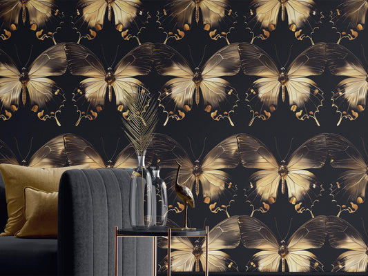 Gold Butterfly Renter Friendly Wallpaper Pattern – lifestyle view, Golden Era Walls