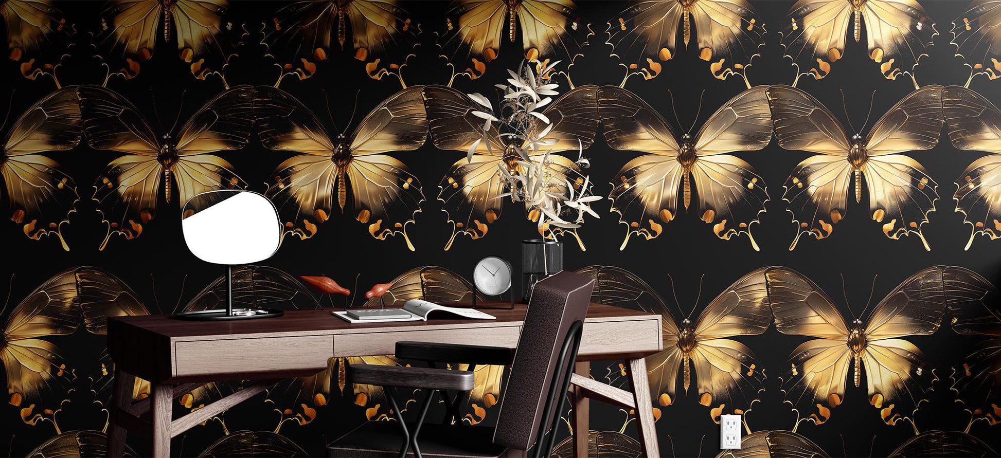 Gold Butterfly Renter Friendly Wallpaper Pattern – room setting, Golden Era Walls