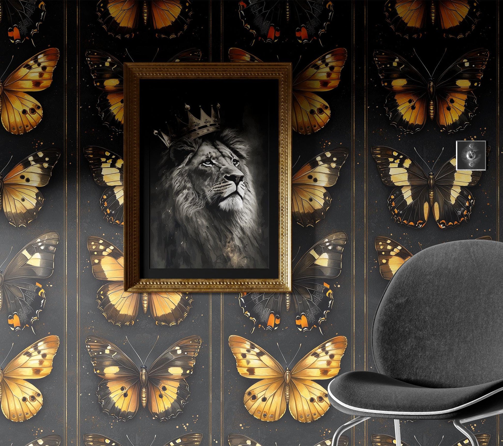 Golden Butterfly Display Renter Wallpaper Pattern – lifestyle view, Golden Era Walls