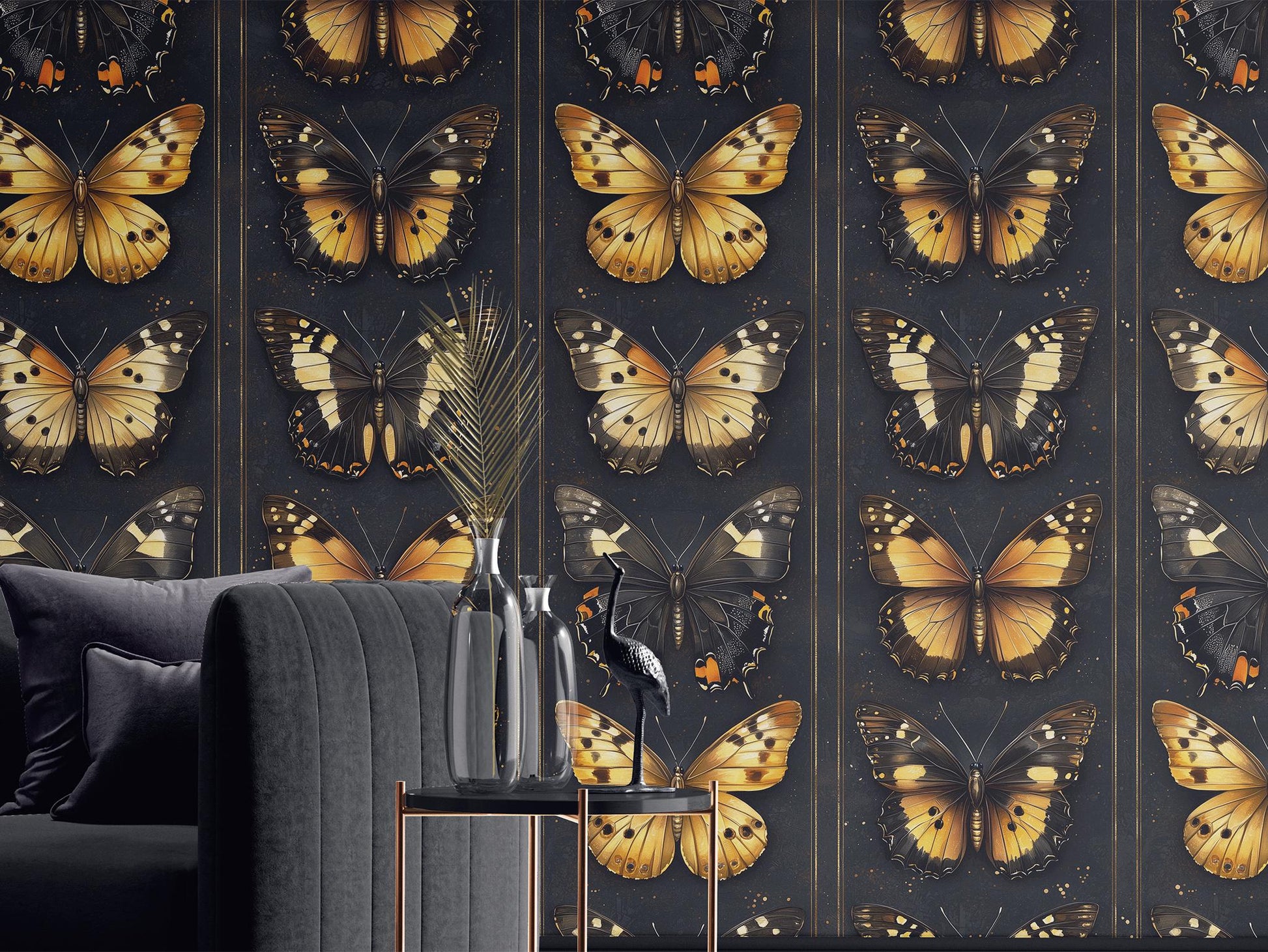 Golden Butterfly Display Renter Wallpaper Pattern – detail view, Golden Era Walls