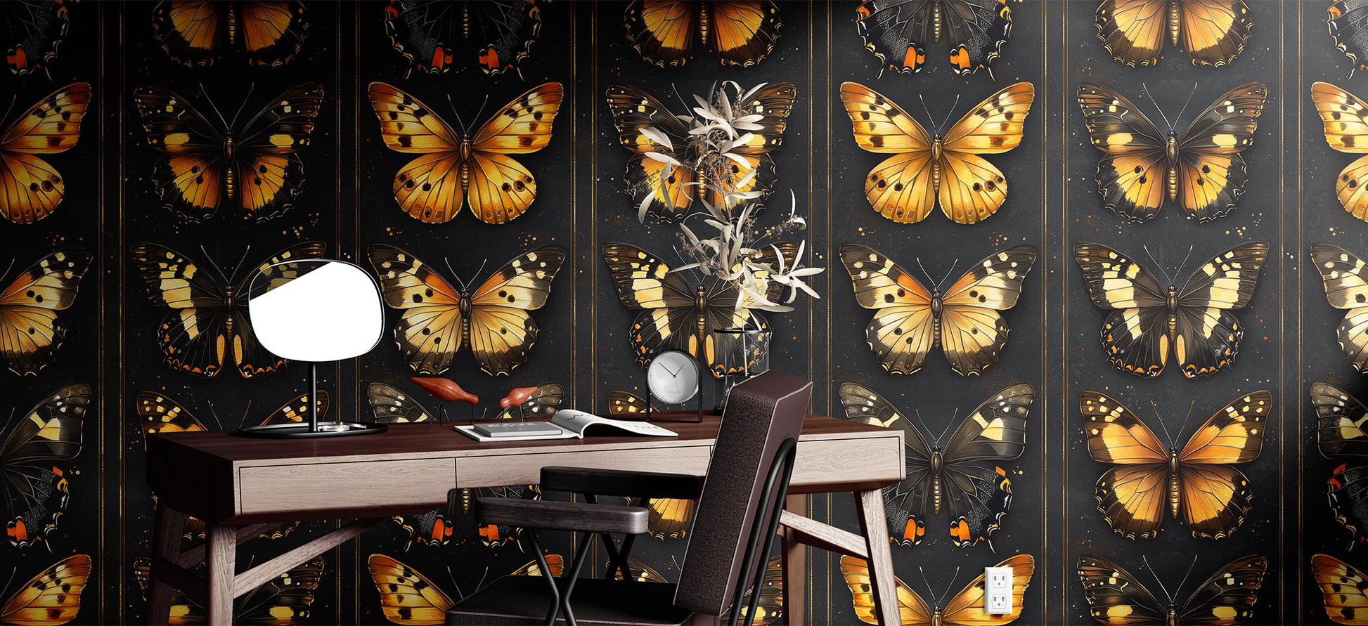 Golden Butterfly Display Renter Wallpaper Pattern – room setting, Golden Era Walls
