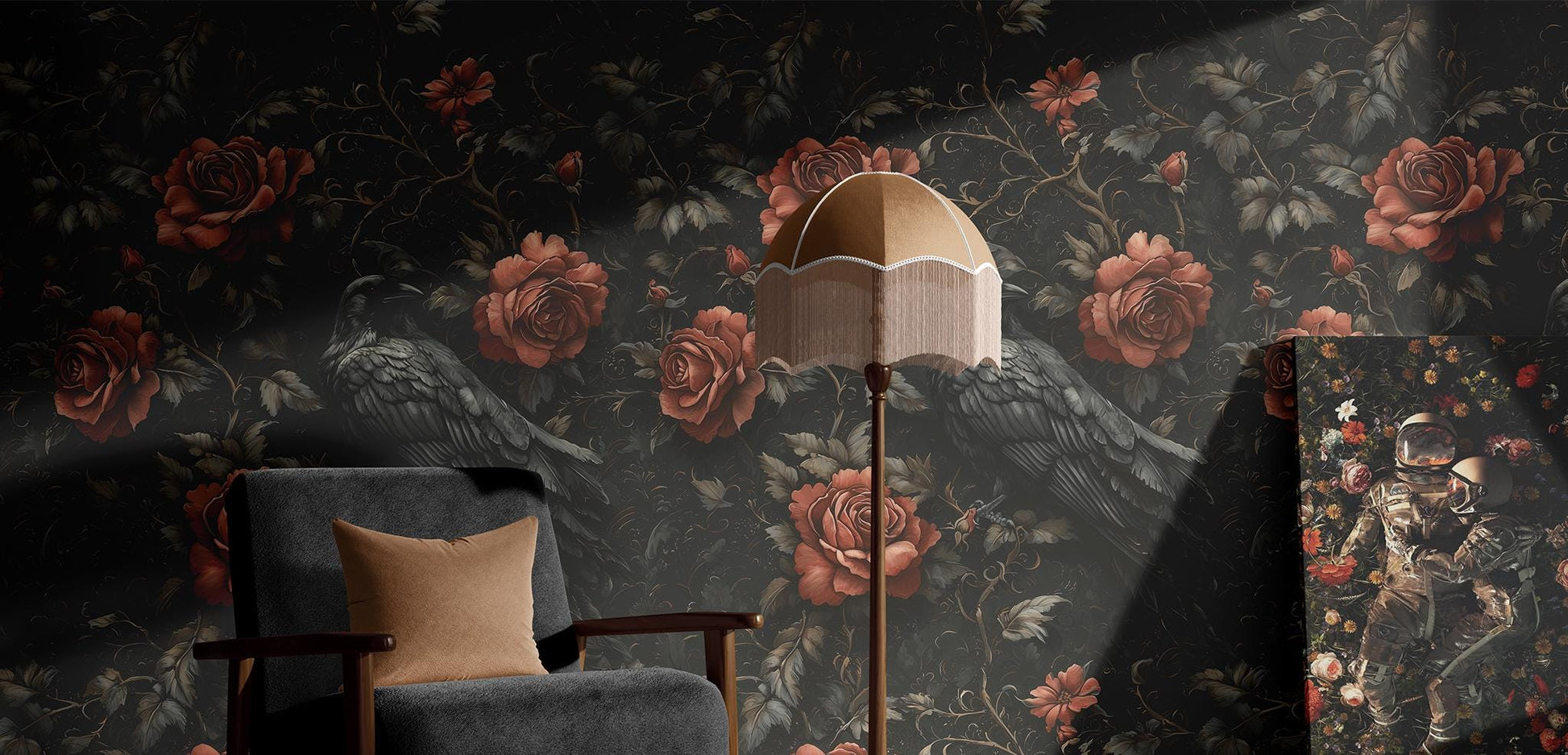 Gothic Raven Rose Renter Floral Wallpaper Pattern – room setting, Golden Era Walls