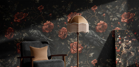 Gothic Raven Rose Renter Floral Wallpaper Pattern – room setting, Golden Era Walls