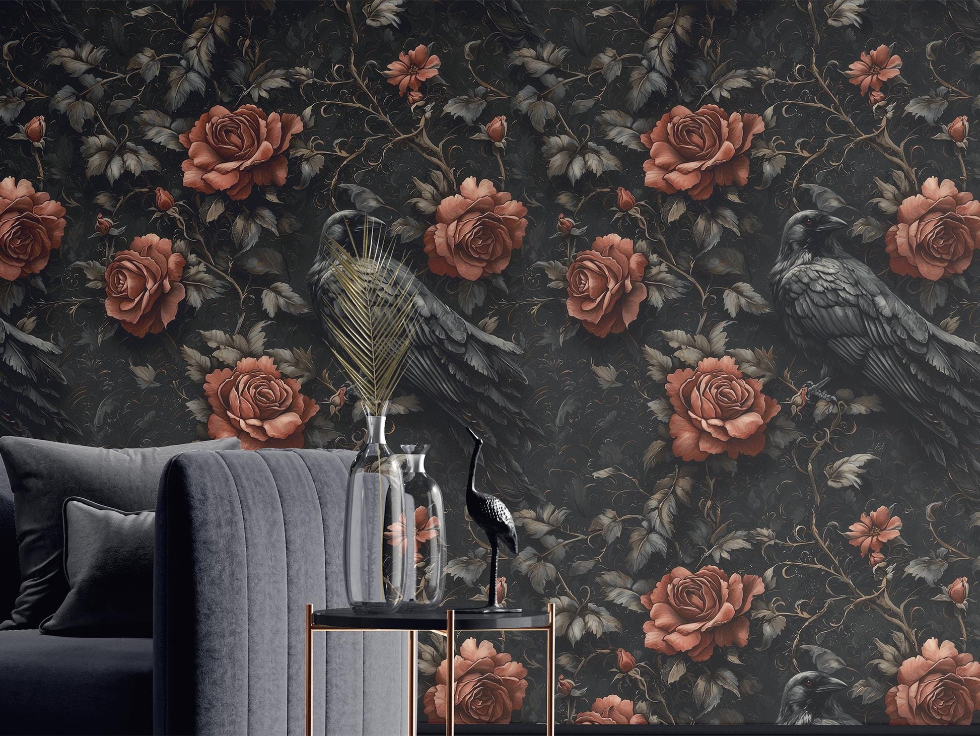 Gothic Raven Rose Renter Floral Wallpaper Pattern – detail view, Golden Era Walls