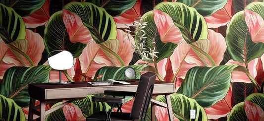 Green Pink Tropical Renter Floral Wallpaper Pattern – room setting, Golden Era Walls