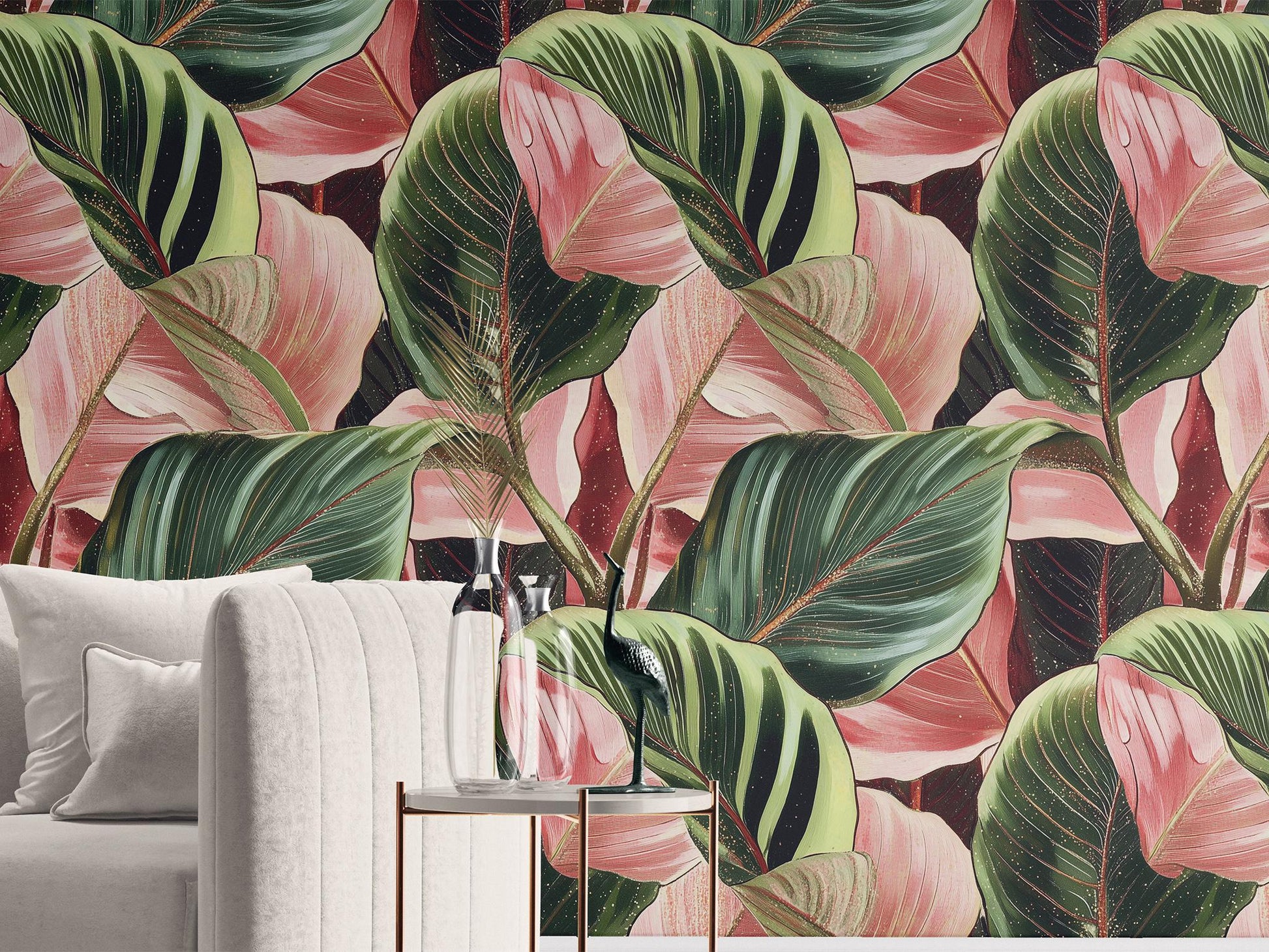 Green Pink Tropical Renter Floral Wallpaper Pattern – peel and stick wallpaper mural, Golden Era Walls