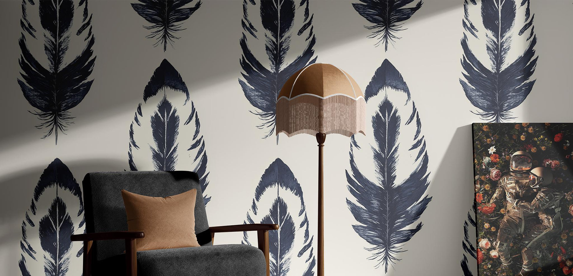 Hand Drawn Feather Renter Floral Wallpaper Pattern – lifestyle view, Golden Era Walls