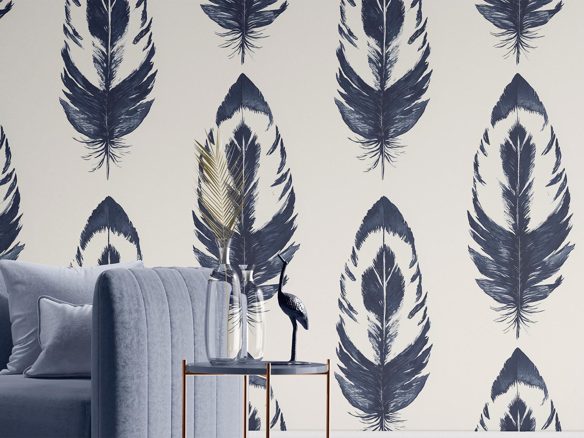 Hand Drawn Feather Renter Floral Wallpaper Pattern – peel and stick wallpaper mural, Golden Era Walls