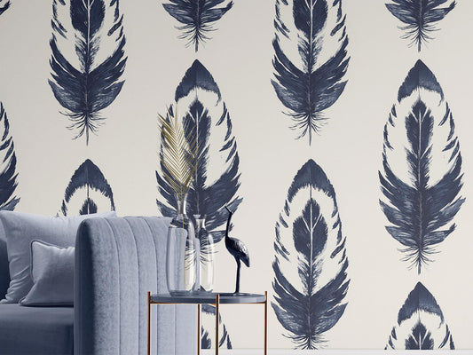Hand Drawn Feather Renter Floral Wallpaper Pattern – peel and stick wallpaper mural, Golden Era Walls