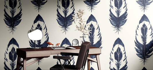 Hand Drawn Feather Renter Floral Wallpaper Pattern – room setting, Golden Era Walls