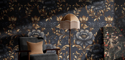 Luxury Damask Floral Renter Floral Wallpaper Pattern – peel and stick wallpaper mural, Golden Era Walls