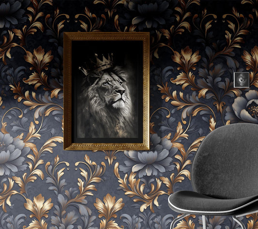 Luxury Damask Floral Renter Floral Wallpaper Pattern – room setting, Golden Era Walls