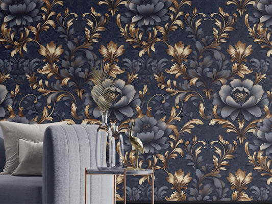 Luxury Damask Floral Renter Floral Wallpaper Pattern – detail view, Golden Era Walls