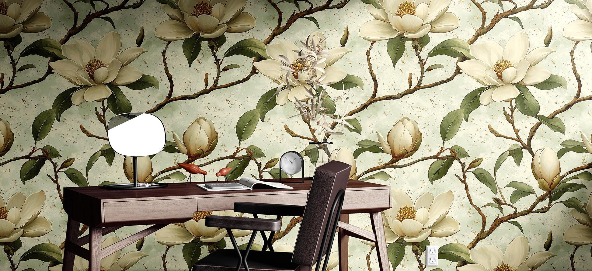 Magnolia Blossom Renter Friendly Floral Wallpaper Pattern – room setting, Golden Era Walls