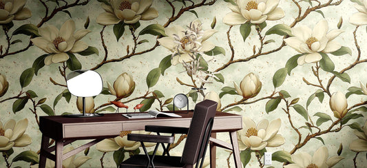 Magnolia Blossom Renter Friendly Floral Wallpaper Pattern – room setting, Golden Era Walls