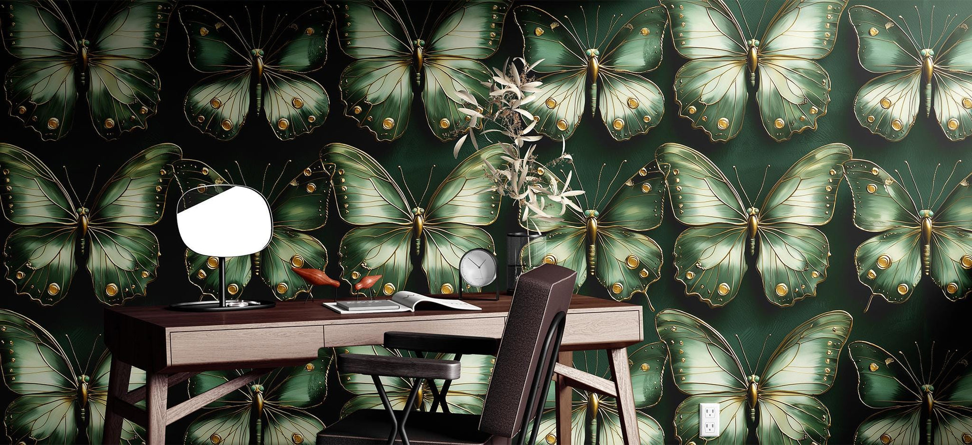 Old Green Butterfly Renter Floral Wallpaper Pattern – detail view, Golden Era Walls