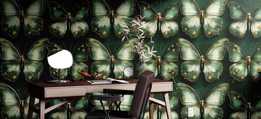 Old Green Butterfly Renter Floral Wallpaper Pattern – detail view, Golden Era Walls