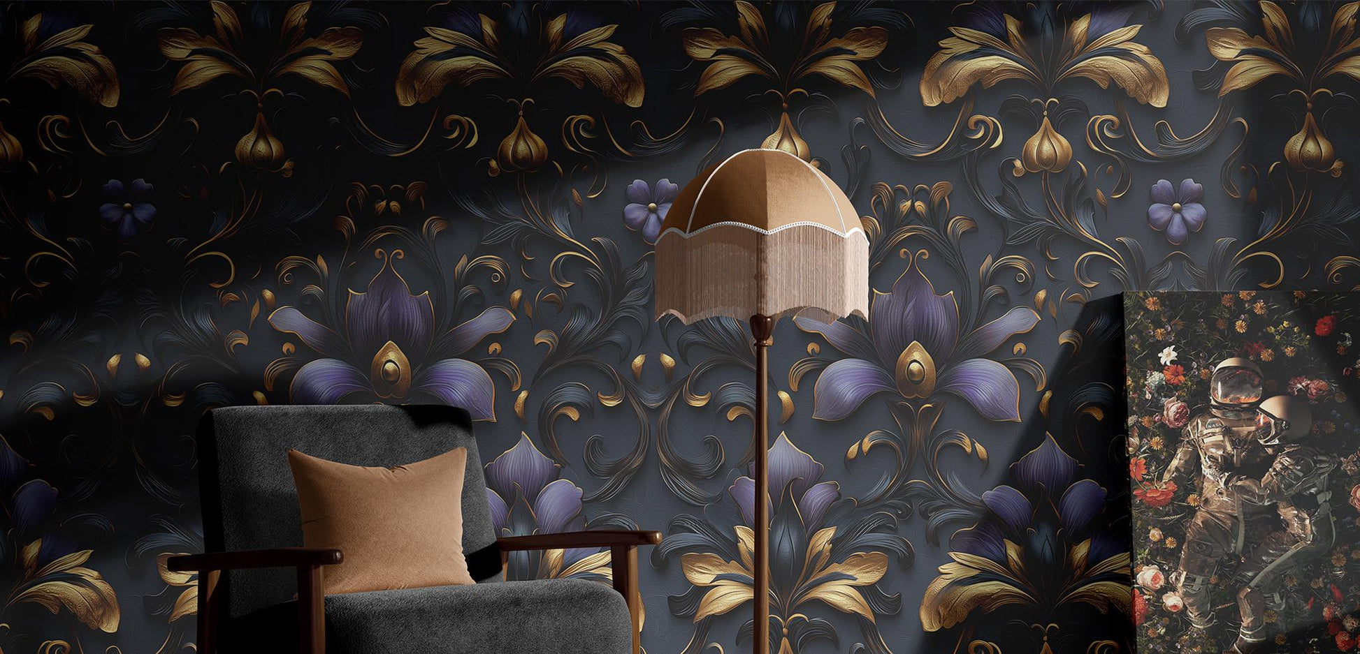 Purple Gold Damask Renter Wallpaper Pattern – room setting, Golden Era Walls