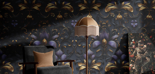 Purple Gold Damask Renter Wallpaper Pattern – room setting, Golden Era Walls