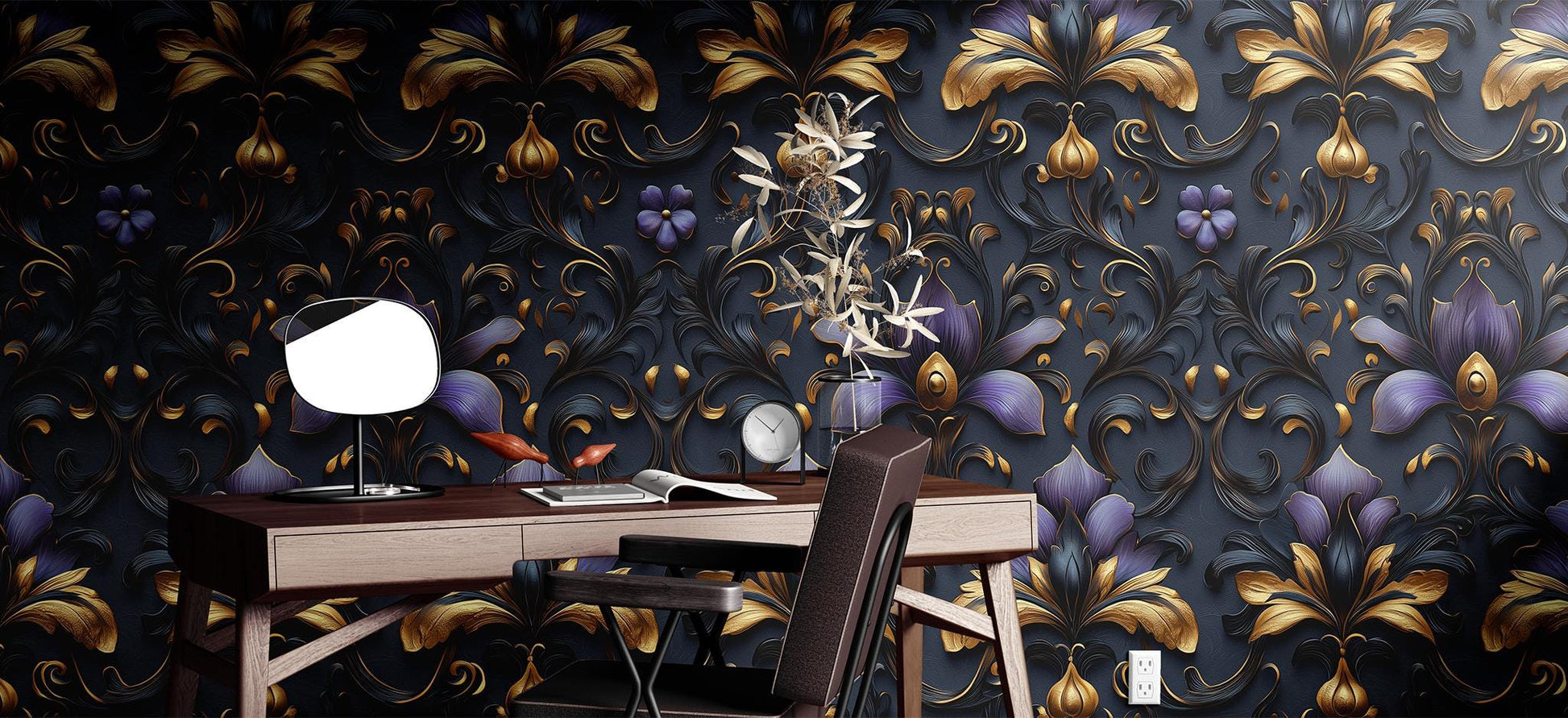 Purple Gold Damask Renter Wallpaper Pattern – lifestyle view, Golden Era Walls