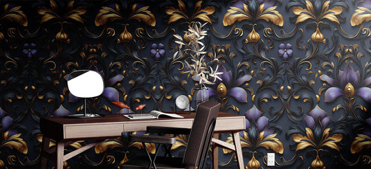 Purple Gold Damask Renter Wallpaper Pattern – lifestyle view, Golden Era Walls