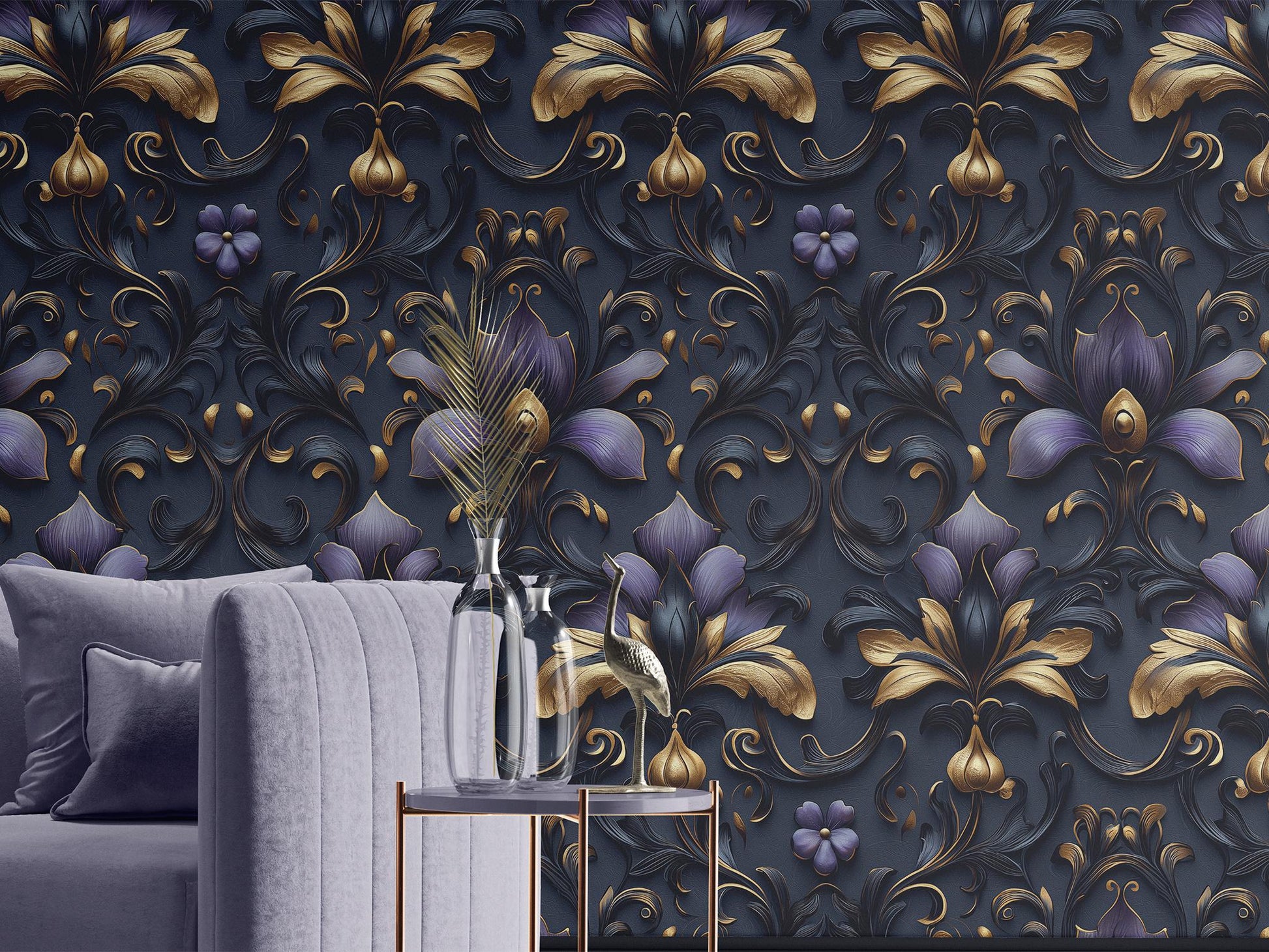 Purple Gold Damask Renter Wallpaper Pattern – peel and stick wallpaper mural, Golden Era Walls