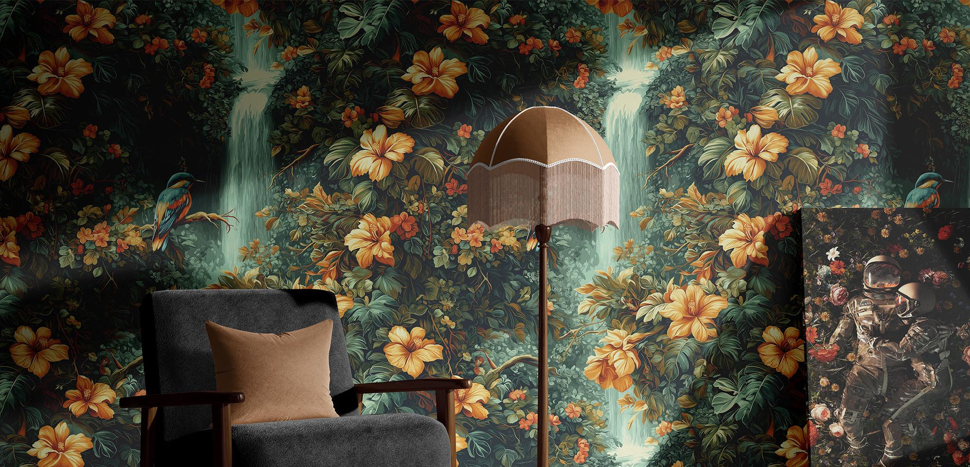 Tropical Jungle Renter Friendly Floral Wallpaper Pattern – room setting, Golden Era Walls