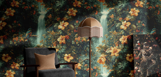Tropical Jungle Renter Friendly Floral Wallpaper Pattern – room setting, Golden Era Walls