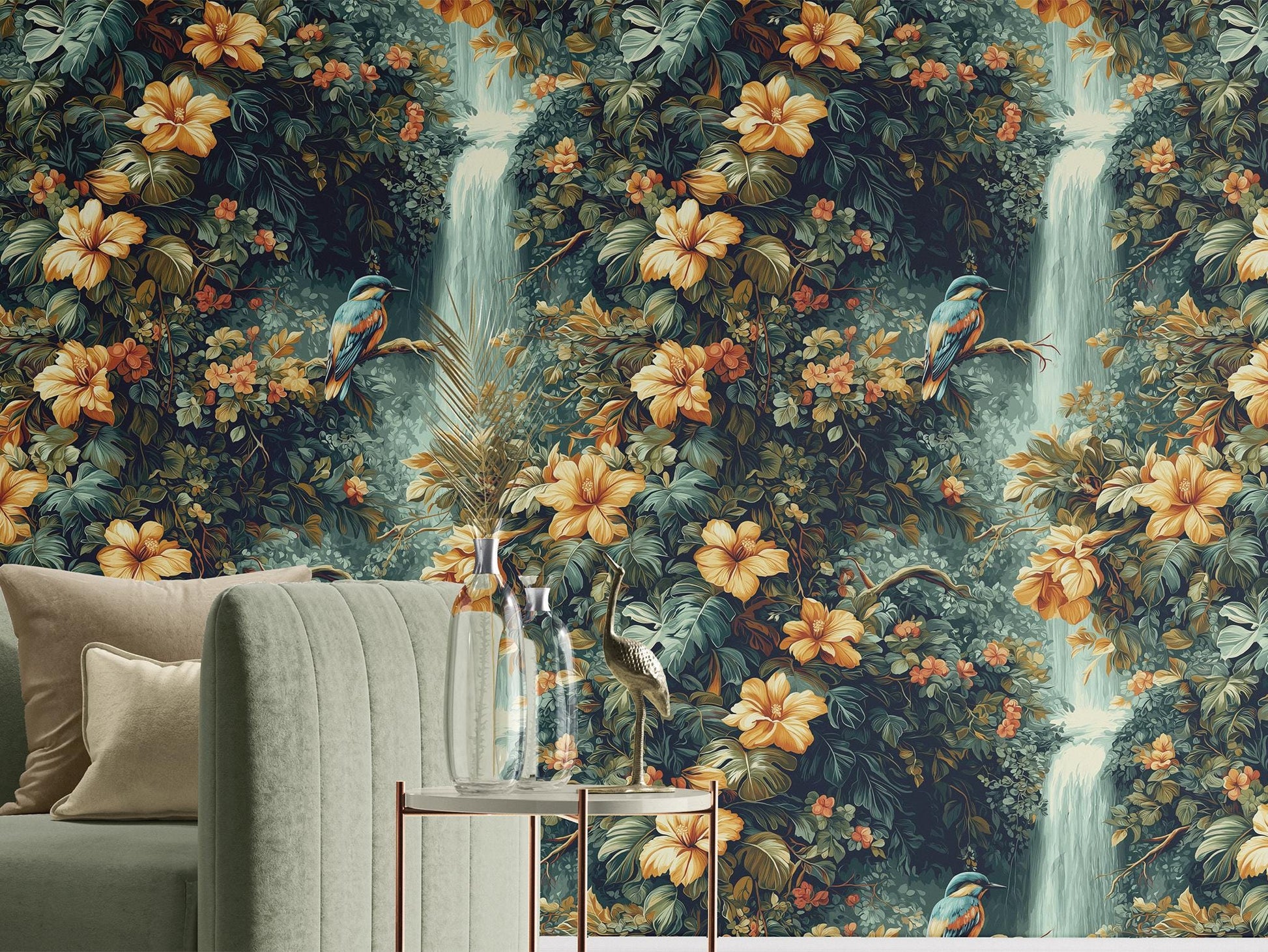Tropical Jungle Renter Friendly Floral Wallpaper Pattern – peel and stick wallpaper mural, Golden Era Walls
