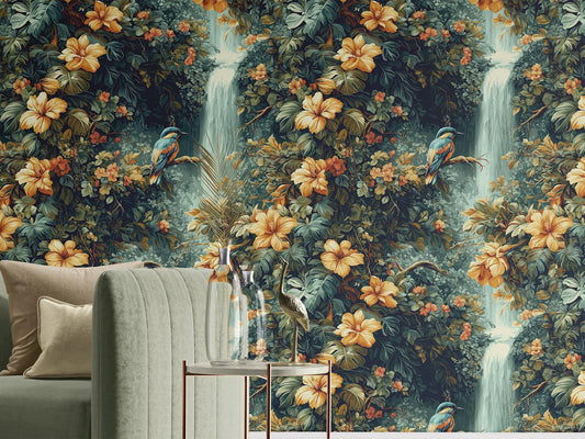 Tropical Jungle Renter Friendly Floral Wallpaper Pattern – peel and stick wallpaper mural, Golden Era Walls