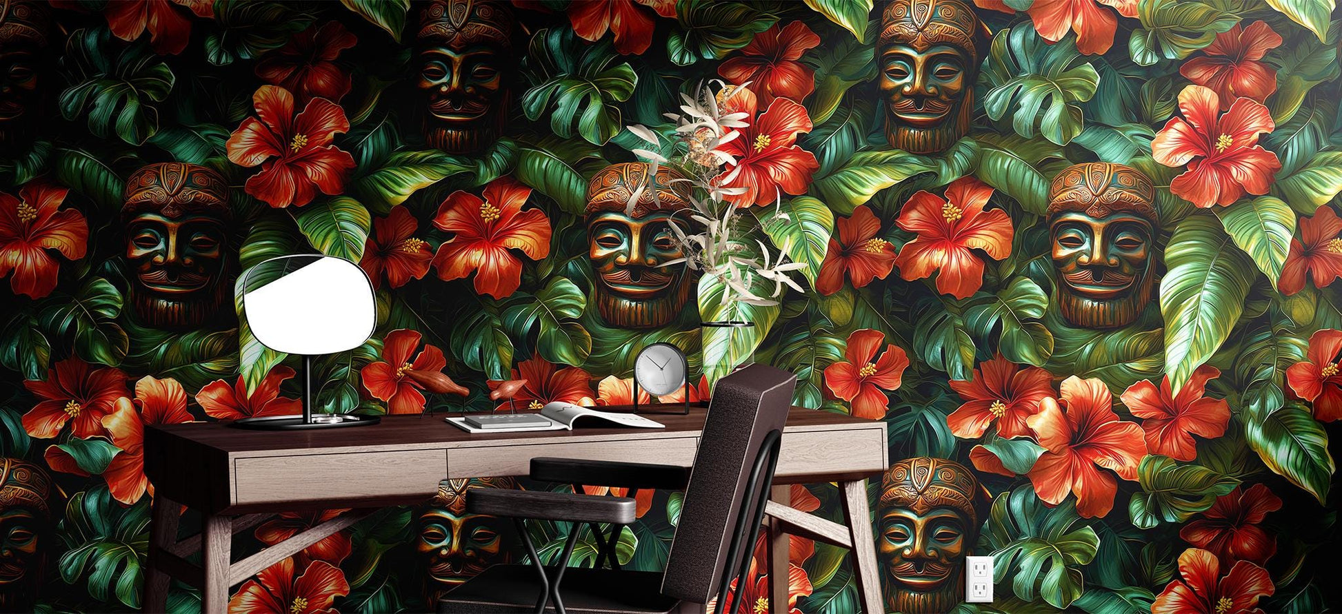 Tropical Tiki Renter Friendly Floral Wallpaper Pattern – lifestyle view, Golden Era Walls