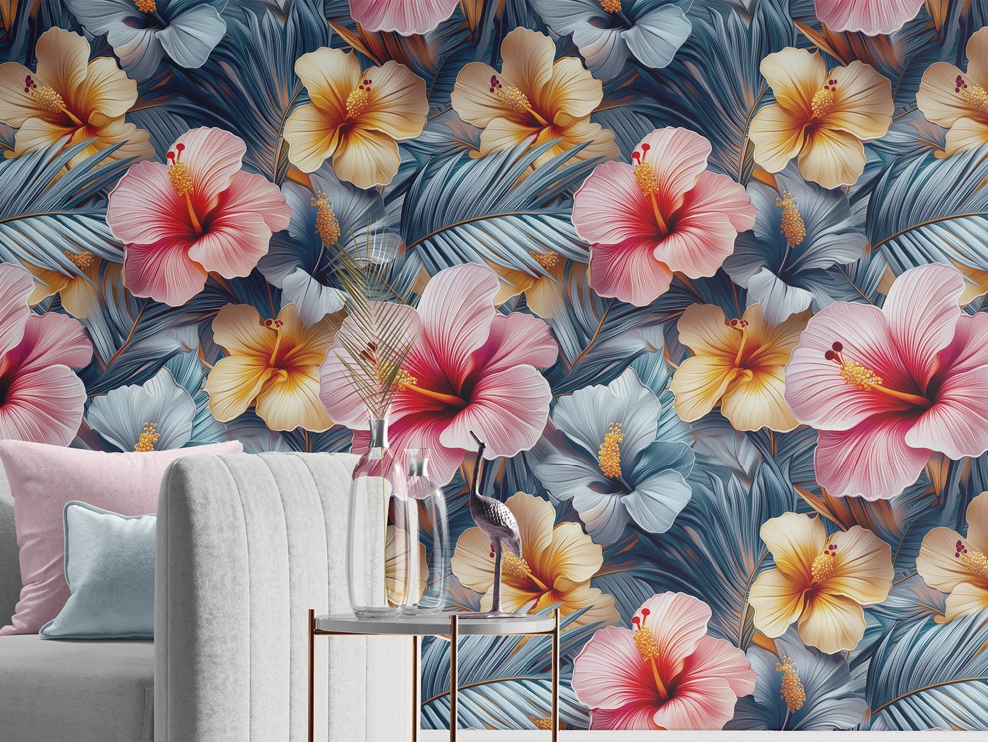 Vibrant Island Flower Renter Floral Wallpaper Pattern – peel and stick wallpaper mural, Golden Era Walls
