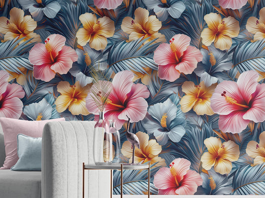 Vibrant Island Flower Renter Floral Wallpaper Pattern – peel and stick wallpaper mural, Golden Era Walls