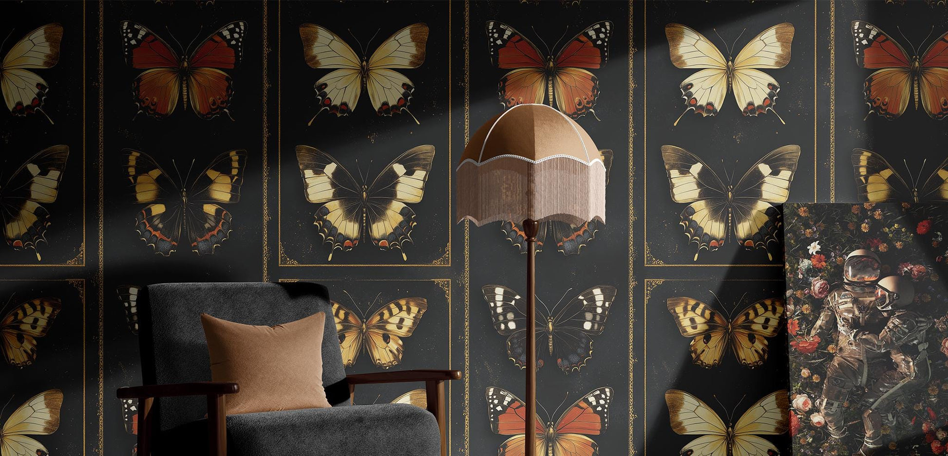 Vintage Butterfly Display Renter Floral Wallpaper Pattern – peel and stick wallpaper mural, Golden Era Walls