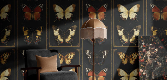 Vintage Butterfly Display Renter Floral Wallpaper Pattern – peel and stick wallpaper mural, Golden Era Walls
