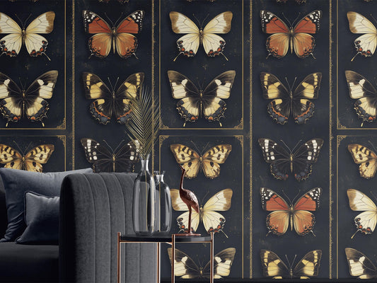 Vintage Butterfly Display Renter Floral Wallpaper Pattern – room setting, Golden Era Walls