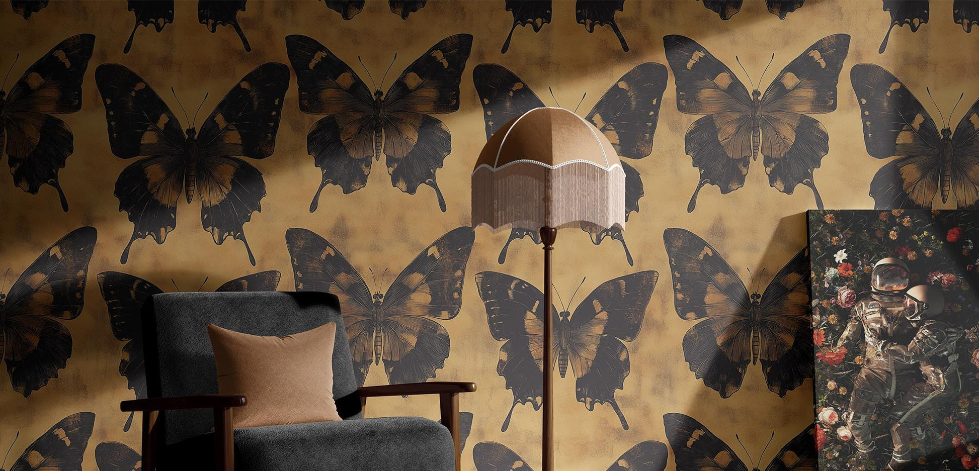 Vintage Butterfly Renter Friendly Floral Wallpaper Pattern – room setting, Golden Era Walls
