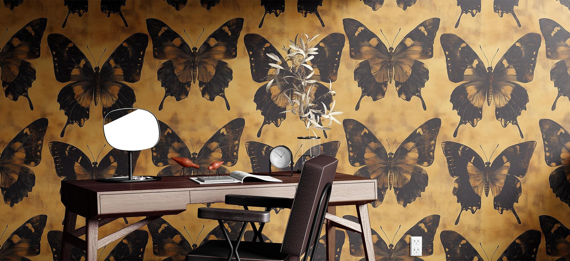 Vintage Butterfly Renter Friendly Floral Wallpaper Pattern – detail view, Golden Era Walls