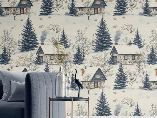 Winter Cabin Renter Friendly Coastal Wallpaper Pattern – peel and stick wallpaper mural, Golden Era Walls