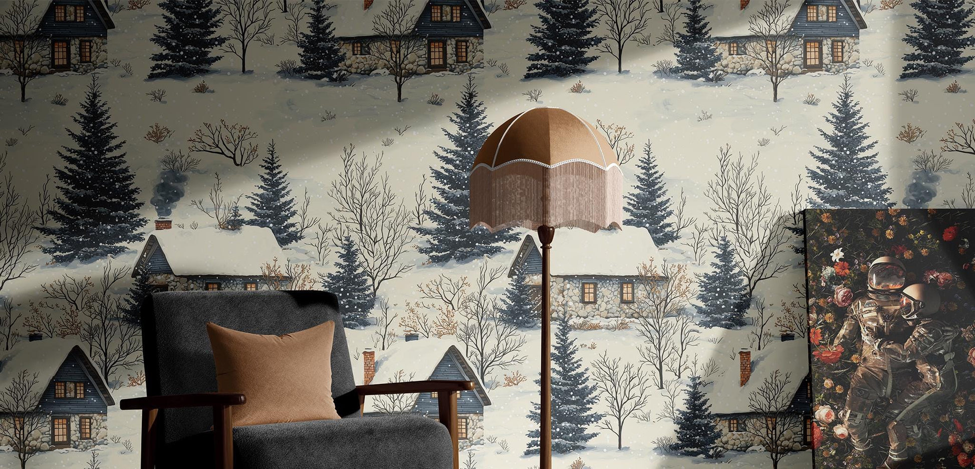 Winter Cabin Renter Friendly Coastal Wallpaper Pattern – lifestyle view, Golden Era Walls