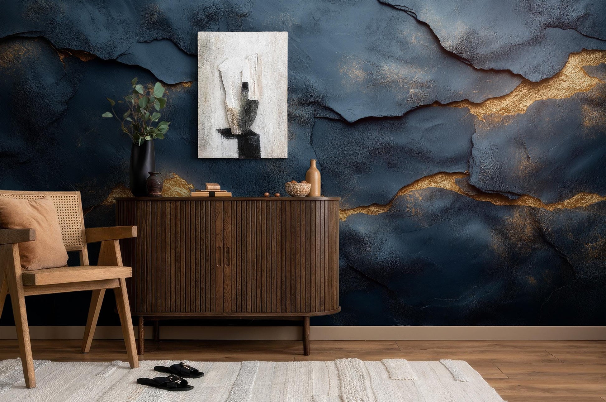 Abstract Cracked Texture Deep Geometric Wallpaper – peel and stick wallpaper mural, Golden Era Walls