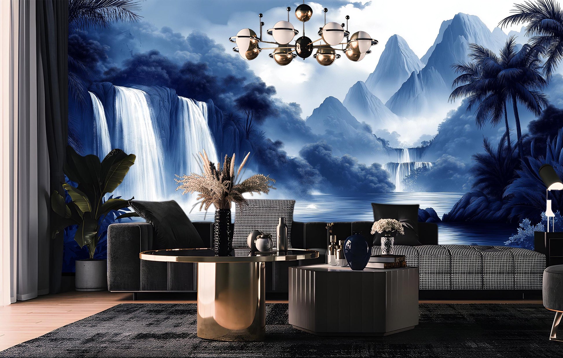 Blue Chinoiserie Tropical Waterfall Floral Wallpaper – scale reference, Golden Era Walls