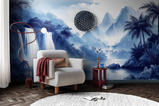 Blue Chinoiserie Tropical Waterfall Floral Wallpaper – peel and stick wallpaper mural, Golden Era Walls