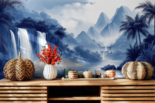 Blue Chinoiserie Tropical Waterfall Floral Wallpaper – lifestyle view, Golden Era Walls