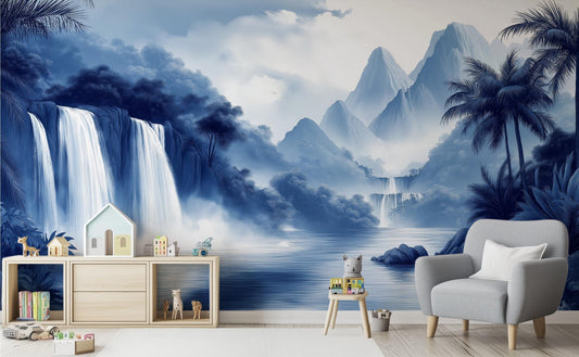 Blue Chinoiserie Tropical Waterfall Floral Wallpaper – room setting, Golden Era Walls