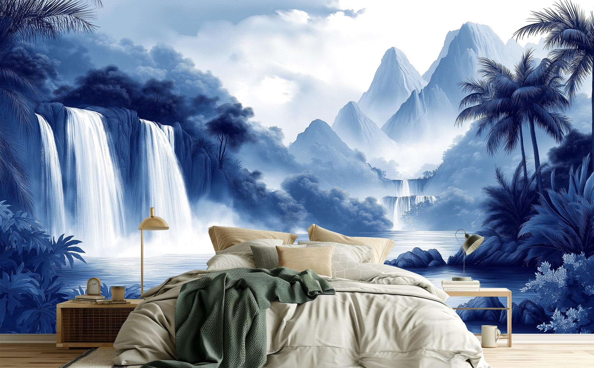 Blue Chinoiserie Tropical Waterfall Floral Wallpaper – detail view, Golden Era Walls
